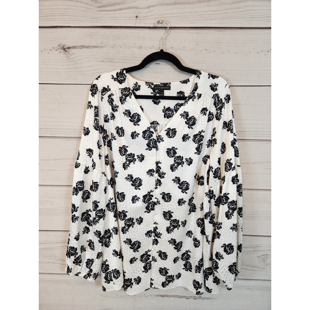 Lane Bryant Women's White Black Floral Print V-Neck Long Sleeve Blouse Size 16